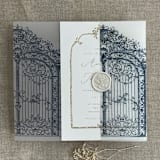 "Marin blue vintage style gate to the palace gardens vellum wrap for 5x7 card | pack of 10" - Invitation Jackets and Overlays in blue by Ivory Invitations