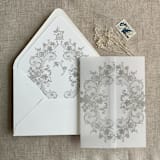 "Oyster La belle rose lace printed vellum wrap for 5x7 card | pack of 10" - Invitation Jackets and Overlays in gray by Ivory Invitations