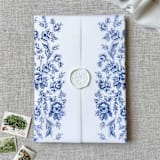 "Blue toile vellum jacket | Set of 10" - Invitation Jackets and Overlays in blue by Maria Ferrer G.