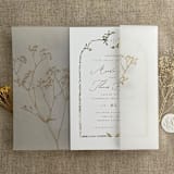 "Minimalist baby's breath flower gold color printed vellum wrap for 5x7 card  | pack of 10" - Invitation Jackets and Overlays in gold by Ivory Invitations