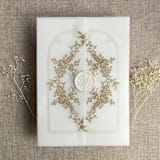 "Hazelnut print French floral crest vellum wrap for 5x7 card | pack of 10" - Invitation Jackets and Overlays in beige by Ivory Invitations