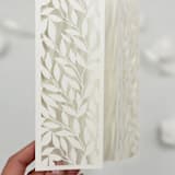 "Laser Cut Gatefold with Leaf Motif for 5x7 Card | Set of 10 | Envelopes Included" - Invitation Jackets and Overlays in white by Self Stationery