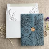 "Elegant peonies and berries black printed on steel blue colored vellum wrap for 5x7 card  | pack of 10" - Invitation Jackets and Overlays in blue by Ivory Invitations