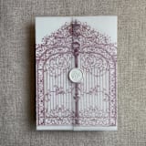 "Mauve vintage style arched gate to the palace gardens vellum wrap for 5x7 card | pack of 10" - Invitation Jackets and Overlays in pink by Ivory Invitations