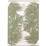 "Tropical Monstera Leaf Laser Cut Sage Green Jacket for 5x7 Card | Set of 10 | Envelopes Included" - Invitation Jackets and Overlays in green by Self Stationery
