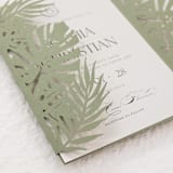 "Tropical Monstera Leaf Laser Cut Sage Green Jacket for 5x7 Card | Set of 10 | Envelopes Included" - Invitation Jackets and Overlays in green by Self Stationery