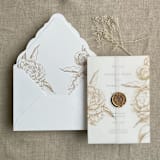 "Faux Gold etched grand peony floral printed vellum wrap for 5x7 card  | pack of 10" - Invitation Jackets and Overlays in gold by Ivory Invitations