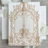 "Faux gold ornamental gate vellum jacket for invitations | Set of 10" - Invitation Jackets and Overlays in gold by Maria Ferrer G.