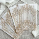 "Faux gold ornamental gate vellum jacket for invitations | Set of 10" - Invitation Jackets and Overlays in gold by Maria Ferrer G.