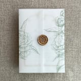 "Sage etched grand peony floral printed vellum wrap for 5x7 card | pack of 10" - Invitation Jackets and Overlays in green by Ivory Invitations