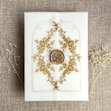 "Gold print French floral crest vellum wrap for 5x7 card | pack of 10" - Invitation Jackets and Overlays in gold by Ivory Invitations