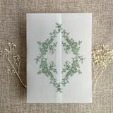"Sage print French floral crest vellum wrap for 5x7 card | pack of 10" - Invitation Jackets and Overlays in green by Ivory Invitations