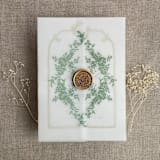 "Sage print French floral crest vellum wrap for 5x7 card | pack of 10" - Invitation Jackets and Overlays in green by Ivory Invitations