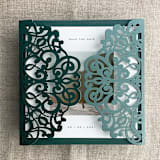 "Forest Green Lace Lasercut Jacket for 5.25 x 5.25 inch Invitation | Pack of 10" - Invitation Jackets and Overlays in green by Ivory Invitations
