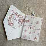 "Old rose French roses lace floral printed vellum wrap for 5x7 card | pack of 10" - Invitation Jackets and Overlays in pink by Ivory Invitations