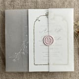 "Jessica white ink print minimalist flowers vellum wrap for 5x7 card | pack of 10" - Invitation Jackets and Overlays in white by Ivory Invitations