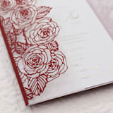 "Laser Cut Cover With a Delicate Pattern of Roses for 5x7 Card | Set of 10 | Envelopes Included" - Invitation Jackets and Overlays in red by Self Stationery