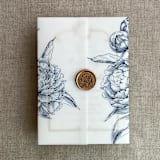 "Navy etched grand peony floral printed vellum wrap for 5x7 card  | pack of 10" - Invitation Jackets and Overlays in blue by Ivory Invitations