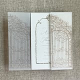 "Cashmere vintage arched gate printed vellum wrap for 5x7 card | pack of 10" - Invitation Jackets and Overlays in beige by Ivory Invitations