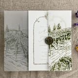 "Moss green vineyard landscape sketch printed vellum wrap for 5x7 card | pack of 10" - Invitation Jackets and Overlays in green by Ivory Invitations