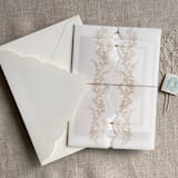 "Gold floral printed scallop edge vellum wrap for 5x7 card | pack of 10" - Invitation Jackets and Overlays in gold by Ivory Invitations