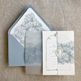 "Steel blue ruffled floral lace printed vellum wrap for 5x7 card | pack of 10" - Invitation Jackets and Overlays in blue by Ivory Invitations