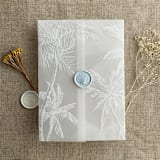 "White ink print Palm trees beach side vellum wrap for 5x7 card | pack of 10" - Invitation Jackets and Overlays in white by Ivory Invitations