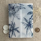 "Palm trees beach side navy printed vellum wrap for 5x7 card | pack of 10" - Invitation Jackets and Overlays in blue by Ivory Invitations