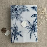 "Palm trees beach side navy printed vellum wrap for 5x7 card | pack of 10" - Invitation Jackets and Overlays in blue by Ivory Invitations
