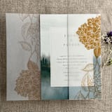 "Gold Hydrangea floral printed vellum wrap for 5x7 card | pack of 10" - Invitation Jackets and Overlays in gold by Ivory Invitations