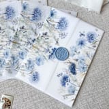 "Blue florals and butterflies vellum jacket | Set of 10" - Invitation Jackets and Overlays in blue by Maria Ferrer G.