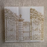 "Classic gold vintage style arched gate printed vellum wrap for 5x7 card | pack of 10" - Invitation Jackets and Overlays in gold by Ivory Invitations
