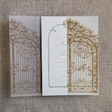"Classic gold vintage style arched gate printed vellum wrap for 5x7 card | pack of 10" - Invitation Jackets and Overlays in gold by Ivory Invitations