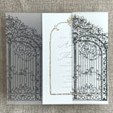 "Slate gray vintage style gate to the palace gardens vellum wrap for 5x7 card | pack of 10" - Invitation Jackets and Overlays in gray by Ivory Invitations