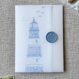 "Blue lighthouse nautical vellum jacket | Set of 10" - Invitation Jackets and Overlays in blue by Maria Ferrer G.