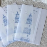 "Blue lighthouse nautical vellum jacket | Set of 10" - Invitation Jackets and Overlays in blue by Maria Ferrer G.
