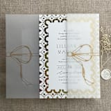 "Gold ribbon bow printed vellum wrap for 5x7 card | pack of 10" - Invitation Jackets and Overlays in gold by Ivory Invitations