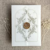 "Oyster print French floral crest vellum wrap for 5x7 card | pack of 10" - Invitation Jackets and Overlays in gray by Ivory Invitations
