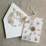 "Gold French roses lace floral printed vellum wrap for 5x7 card | pack of 10" - Invitation Jackets and Overlays in gold by Ivory Invitations
