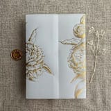 "Real gold foil pressed on vellum gold Etched grand peony vellum wrap for 5x7 card | pack of 10" - Invitation Jackets and Overlays in gold by Ivory Invitations