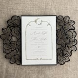 "Black Orchid Floral Lasercut Gate Jacket for 5x7 inch Invitation | Pack of 10 | Envelopes Included" - Invitation Jackets and Overlays in black by Ivory Invitations
