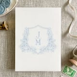 "Custom dusty blue crest and initials vellum wrap for invitations | Set of 10" - Invitation Jackets and Overlays in blue by Maria Ferrer G.