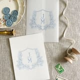 "Custom dusty blue crest and initials vellum wrap for invitations | Set of 10" - Invitation Jackets and Overlays in blue by Maria Ferrer G.