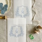 "Custom dusty blue crest and initials vellum wrap for invitations | Set of 10" - Invitation Jackets and Overlays in blue by Maria Ferrer G.