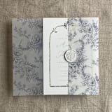 "Deep Blue poppy floral toile printed vellum wrap for 5x7 card | pack of 10" - Invitation Jackets and Overlays in blue by Ivory Invitations