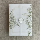 "Moss etched grand peony floral printed vellum wrap for 5x7 card  | pack of 10" - Invitation Jackets and Overlays in green by Ivory Invitations