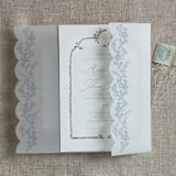 "Steel blue floral printed scallop edge vellum wrap for 5x7 card | pack of 10" - Invitation Jackets and Overlays in blue by Ivory Invitations