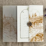 "Gold vineyard landscape sketch printed vellum wrap for 5x7 card | pack of 10" - Invitation Jackets and Overlays in gold by Ivory Invitations