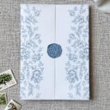 "Dusty blue toile vellum jacket | Set of 10" - Invitation Jackets and Overlays in blue by Maria Ferrer G.
