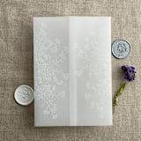 "White print flower arrangement printed vellum wrap for 5x7 card | pack of 10" - Invitation Jackets and Overlays in white by Ivory Invitations